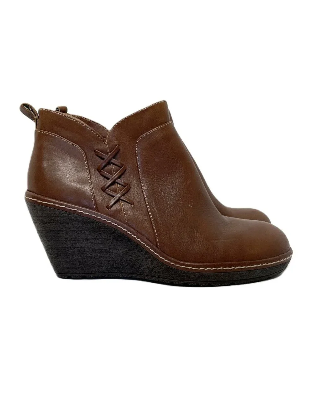 Sofft Ankle Boots Womens 9 M Brown Leather X Accent Side Zip Wedge Heel Booties